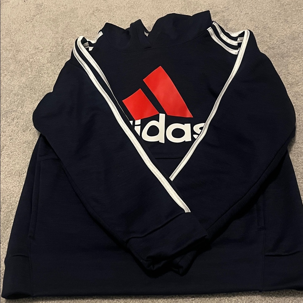 Adidas boys navy blue, red/white logo-white stripe on arms, hooded sweatshirt